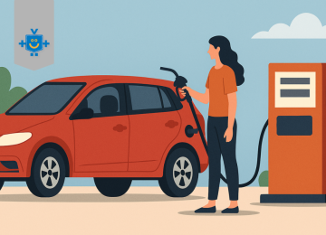 Ilustração de uma mulher abastecendo um carro vermelho em um posto, representando o uso do simulador de combustível para escolher entre gasolina e etanol de forma econômica. -  (crédito: Reprodução Educando seu Bolso)