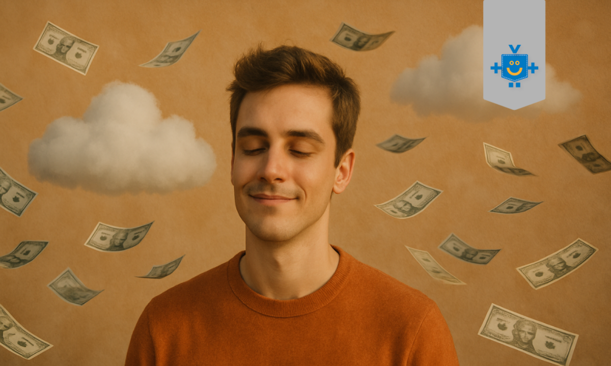 Homem com o expressão tranquila, sorrindo com notas de dinheiro voando em volta e a cabeça nas nuvens, representando a relação entre dinheiro e felicidade.  -  (crédito: Reprodução Educando seu Bolso)