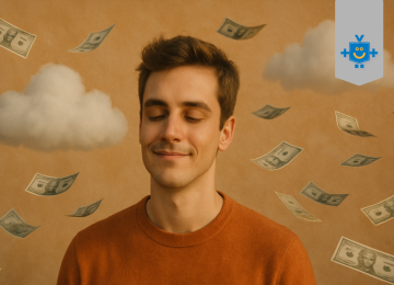 Homem com o expressão tranquila, sorrindo com notas de dinheiro voando em volta e a cabeça nas nuvens, representando a relação entre dinheiro e felicidade.  -  (crédito: Reprodução Educando seu Bolso)