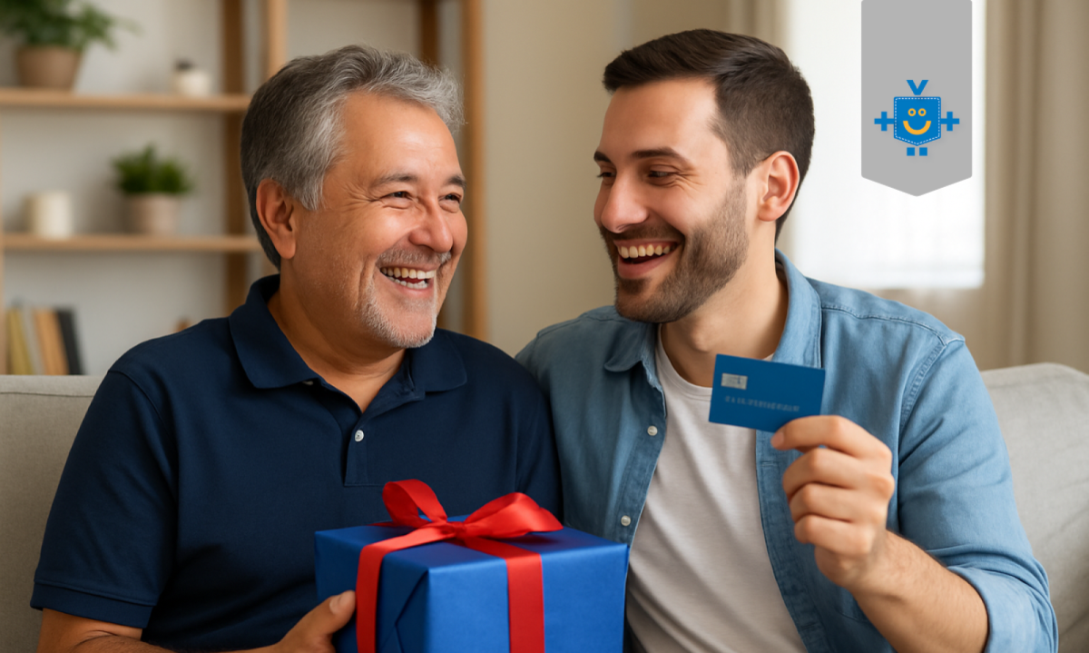 Pai e filho sorrindo no sofá com um cartão de crédito e uma caixa de presente, em clima de presente de Dia dos Pais.
 -  (crédito: Reprodução Educando seu Bolso )