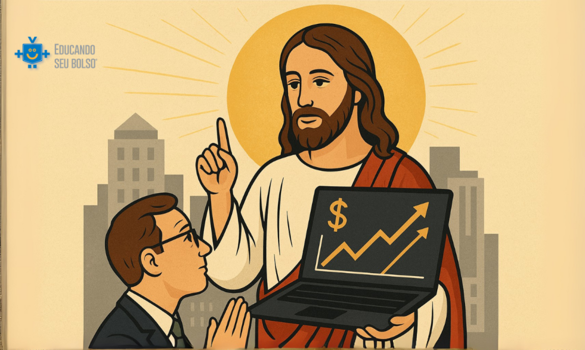 Ilustração de Jesus como gestor de investimentos, orientando um investidor com laptop exibindo gráfico de alta, simbolizando investimentos biblicamente responsáveis. -  (crédito: Reprodução Educando seu Bolso)