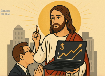 Ilustração de Jesus como gestor de investimentos, orientando um investidor com laptop exibindo gráfico de alta, simbolizando investimentos biblicamente responsáveis. -  (crédito: Reprodução Educando seu Bolso)