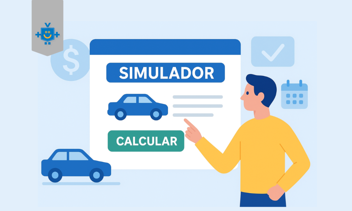 Carro azul e homem apontando para tela de computador com ícones de veículo, calendário e cifrão, representando simulador de financiamento de veículos. -  (crédito: Reprodução Educando seu Bolso )