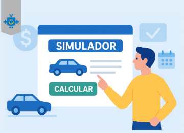 Carro azul e homem apontando para tela de computador com ícones de veículo, calendário e cifrão, representando simulador de financiamento de veículos. -  (crédito: Reprodução Educando seu Bolso )