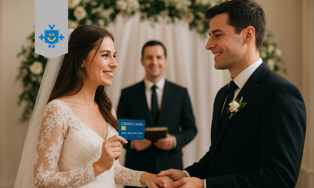 Casal no altar do casamento com um sorriso no rosto. A noiva segura um cartão de crédito simbolizando os gastos do orçamento de um casamento. - (crédito: Reprodução Educando seu Bolso) Casal no altar do casamento com um sorriso no rosto. A noiva segura um cartão de crédito simbolizando os gastos do orçamento de um casamento. - (crédito: Reprodução Educando seu Bolso)