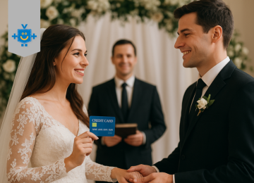 Casal no altar do casamento com um sorriso no rosto. A noiva segura um cartão de crédito simbolizando os gastos do orçamento de um casamento. -  (crédito: Reprodução Educando seu Bolso)