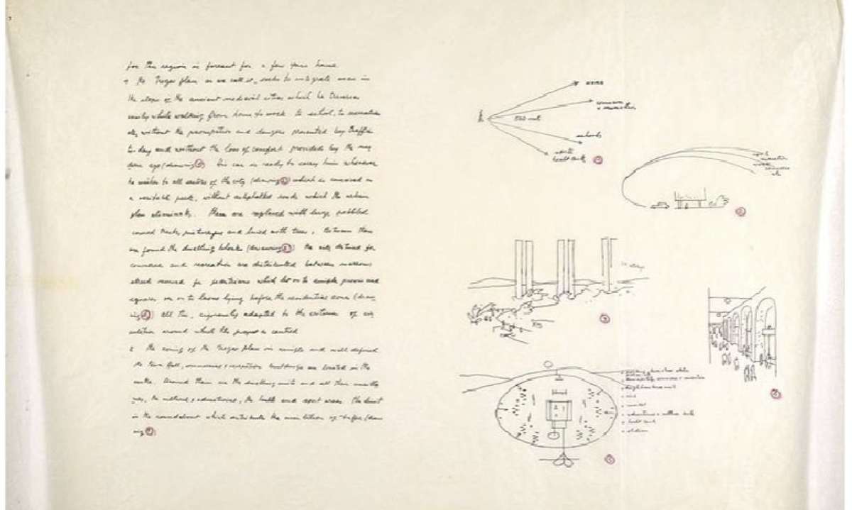 Reprodução de página do artigo de Oscar Niemeyer em que descreve o projeto de construção de Ir Hanegev, uma cidade em pleno deserto de Israel