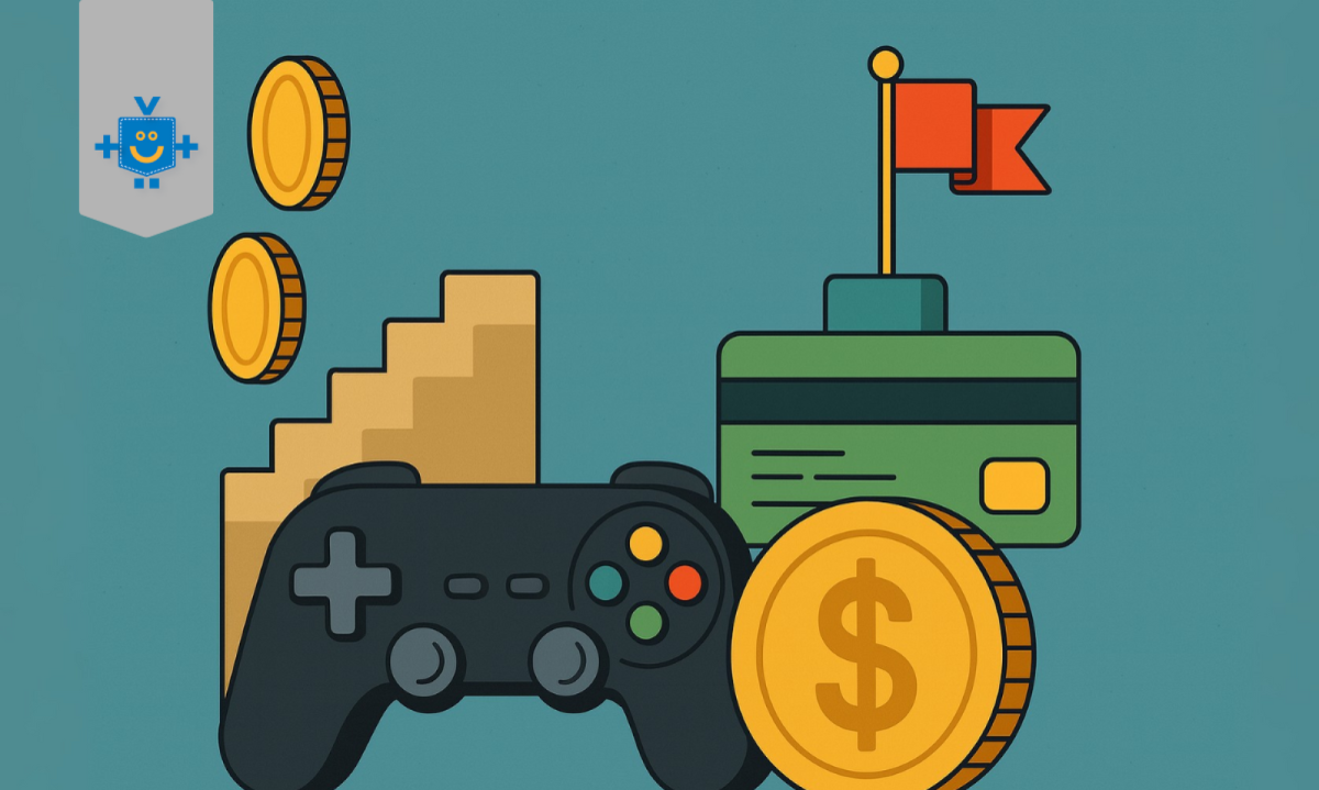 Ilustração de videogame ao lado de moedas de ouro e cartão de crédito, representando a gamificação da educação financeira e o aprendizado sobre dinheiro de forma divertida e digital -  (crédito: Reprodução Educando seu Bolso)