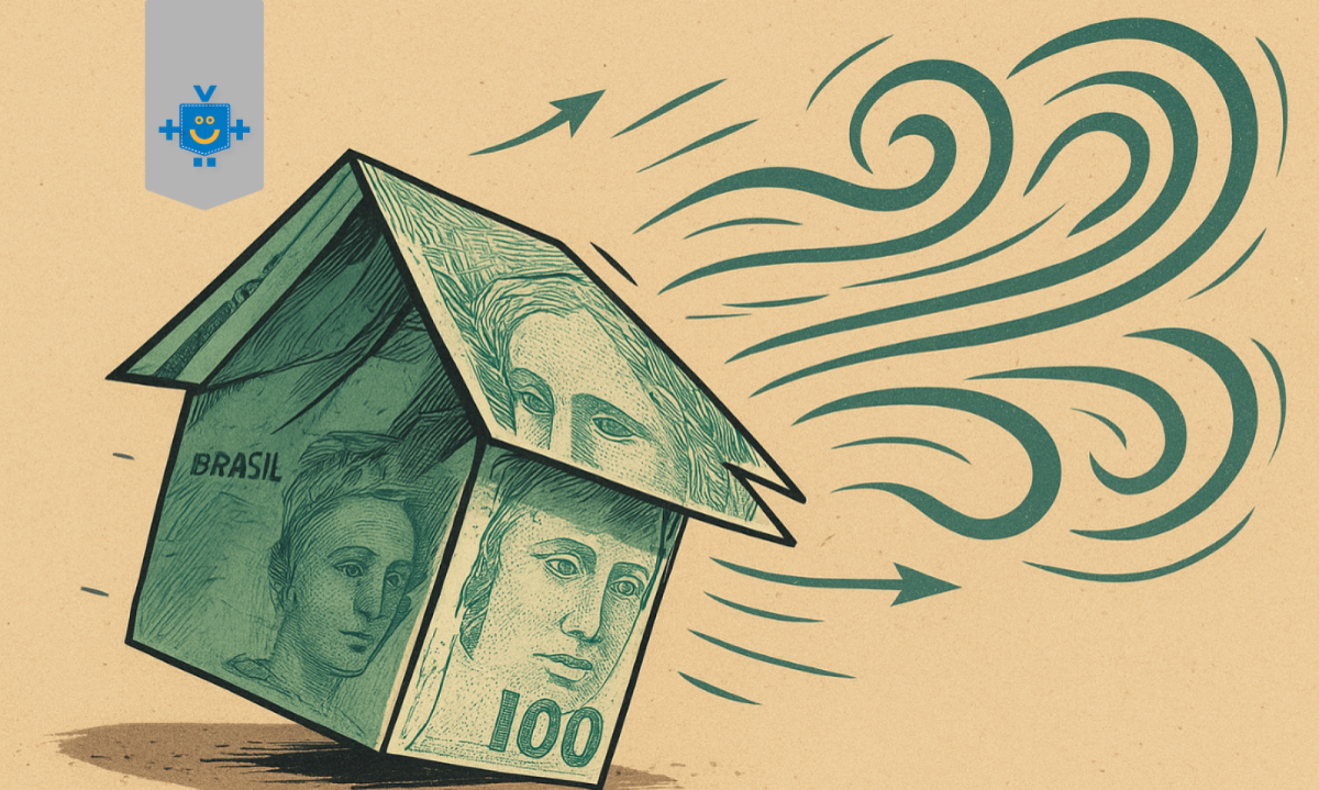 Ilustração de uma casa de origami feita com uma nota de 100 reais, prestes a desmoronar enquanto é atingida por rajadas de vento, simbolizando a fragilidade do financiamento imobiliário. - (crédito: Reprodução Educando seu Bolso) Ilustração de uma casa de origami feita com uma nota de 100 reais, prestes a desmoronar enquanto é atingida por rajadas de vento, simbolizando a fragilidade do financiamento imobiliário. - (crédito: Reprodução Educando seu Bolso)