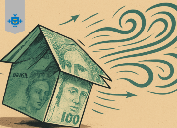 Ilustração de uma casa de origami feita com uma nota de 100 reais, prestes a desmoronar enquanto é atingida por rajadas de vento, simbolizando a fragilidade do financiamento imobiliário. -  (crédito: Reprodução Educando seu Bolso)