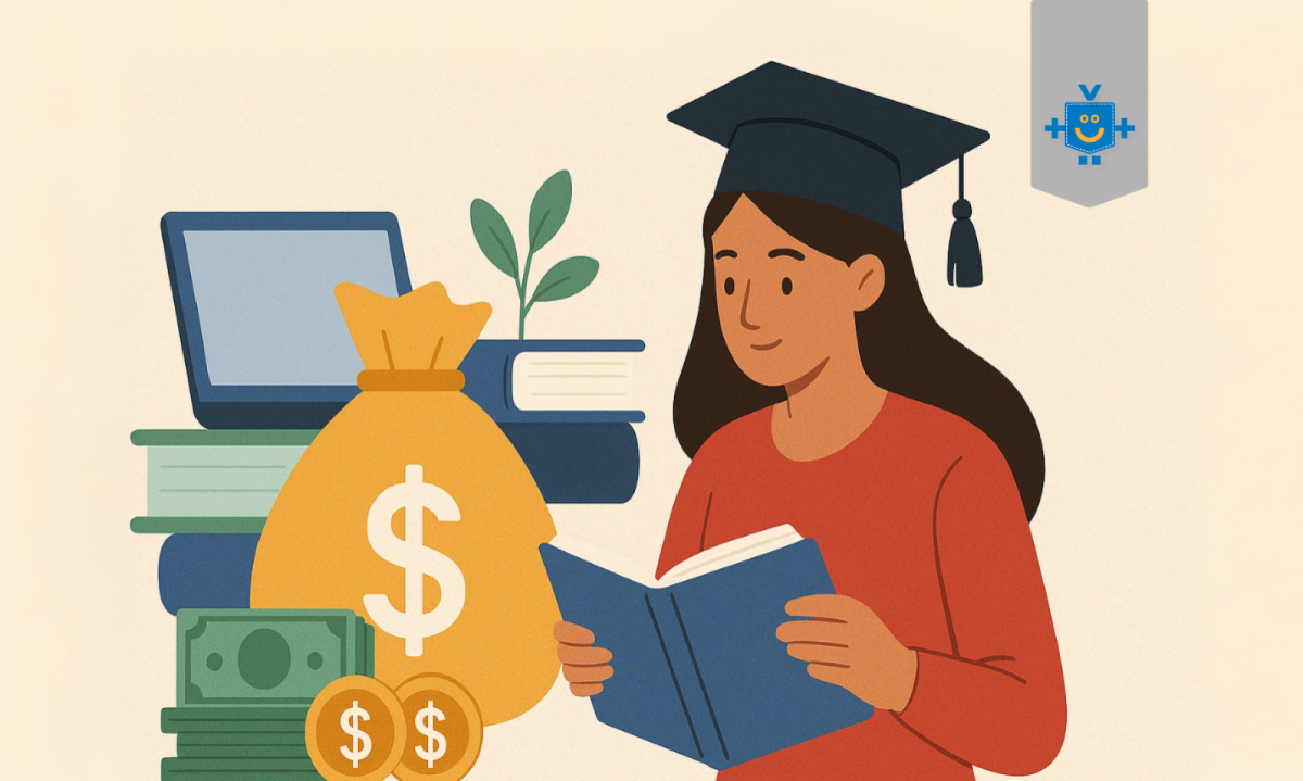 Ilustração em estilo flat de uma estudante com beca e capelo lendo um livro, ao lado de símbolos financeiros como saco de dinheiro, moedas, notas e laptop, representando o financiamento estudantil FIES. - (crédito: Reprodução Educando seu Bolso) Ilustração em estilo flat de uma estudante com beca e capelo lendo um livro, ao lado de símbolos financeiros como saco de dinheiro, moedas, notas e laptop, representando o financiamento estudantil FIES. - (crédito: Reprodução Educando seu Bolso)