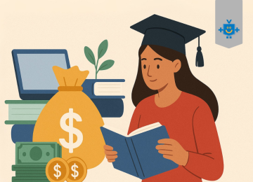 Ilustração em estilo flat de uma estudante com beca e capelo lendo um livro, ao lado de símbolos financeiros como saco de dinheiro, moedas, notas e laptop, representando o financiamento estudantil FIES. -  (crédito: Reprodução Educando seu Bolso)