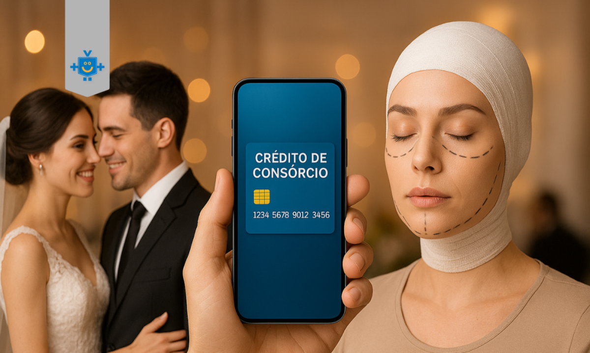 Montagem com três cenas: casal de noivos sorrindo em festa de casamento, mão segurando celular que mostra crédito de consórcio e mulher após cirurgia plástica com marcações no rosto e faixa de compressão.
 -  (crédito: Reprodução Educando Seu Bolso)