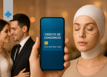 Montagem com três cenas: casal de noivos sorrindo em festa de casamento, mão segurando celular que mostra crédito de consórcio e mulher após cirurgia plástica com marcações no rosto e faixa de compressão.
 -  (crédito: Reprodução Educando Seu Bolso)