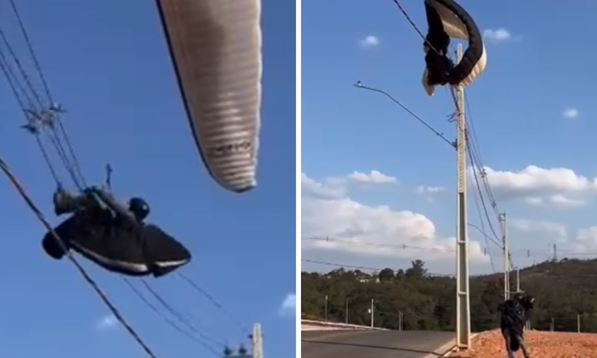 Homem bate parapente na rede elétrica e se enrosca na fiação - ReproduÃ§Ã£o Redes Sociais