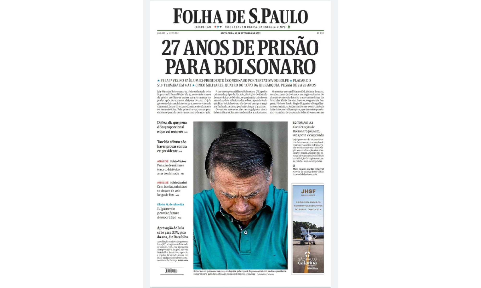Capa do jornal Folha de S. Paulo nesta sexta-feira (12/9)