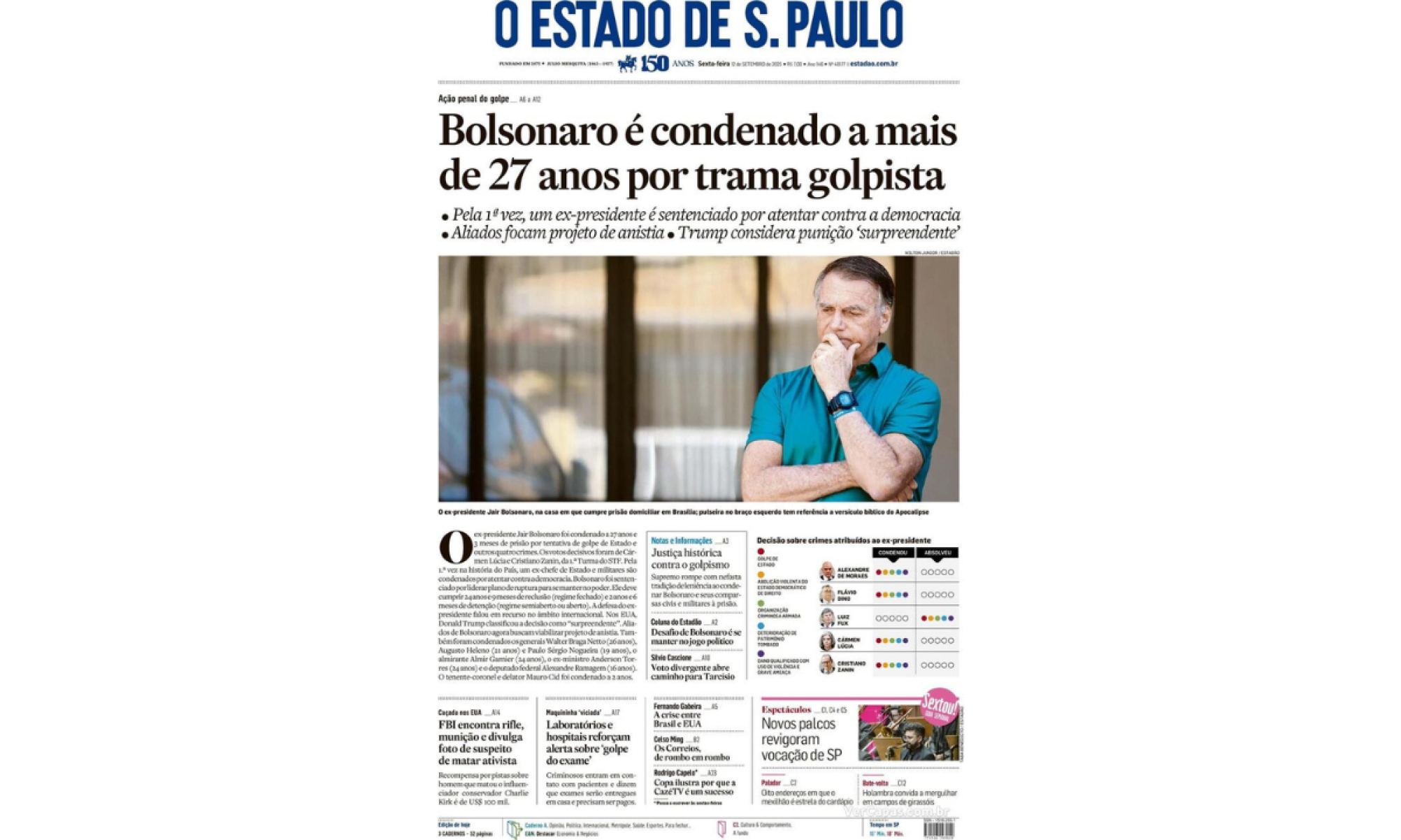 Capa do jornal O Estado de S. Paulo nesta sexta-feira (12/9)