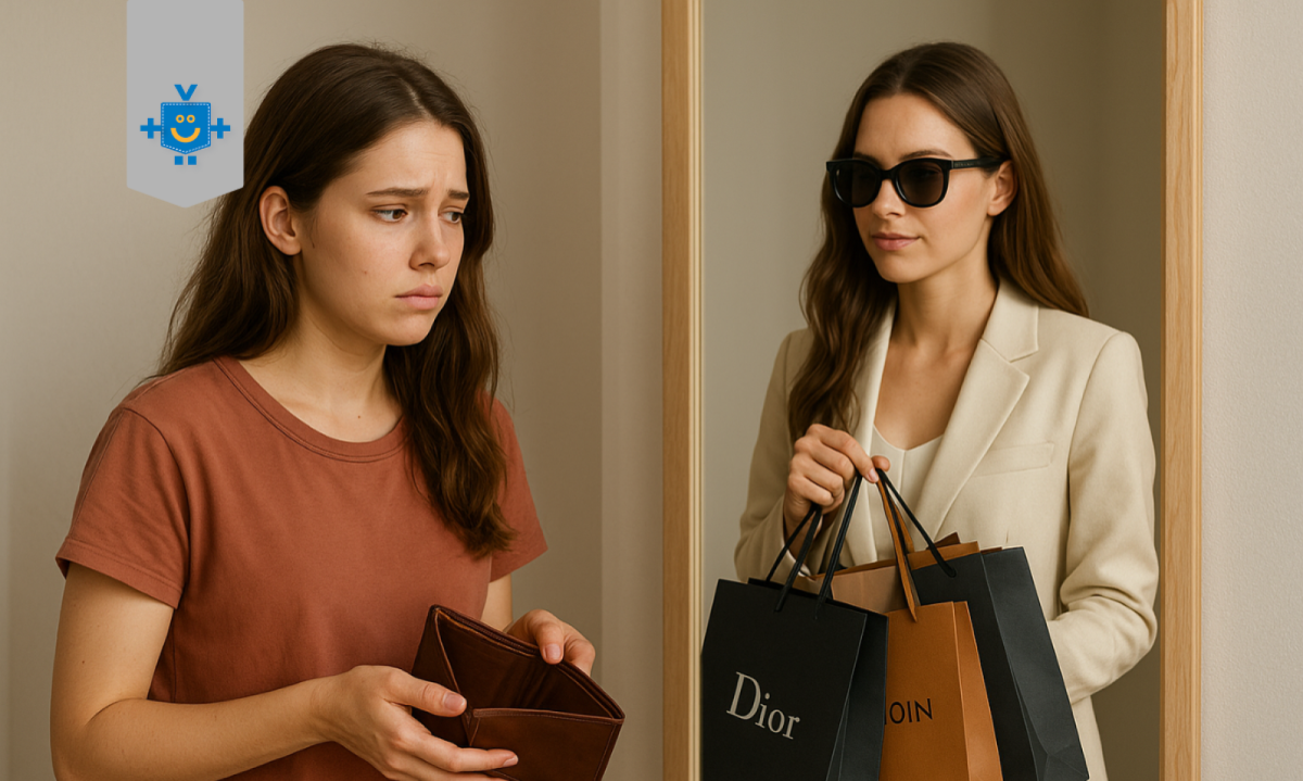 Mulher olha para o espelho segurando carteira vazia, enquanto seu reflexo aparece com sacolas de compras de luxo, representando como a dismorfia financeira afeta o dia a dia. - (crédito: Reprodução Educando seu Bolso ) Mulher olha para o espelho segurando carteira vazia, enquanto seu reflexo aparece com sacolas de compras de luxo, representando como a dismorfia financeira afeta o dia a dia. - (crédito: Reprodução Educando seu Bolso )