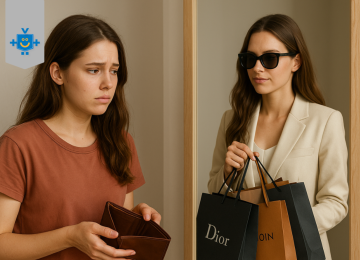 Mulher olha para o espelho segurando carteira vazia, enquanto seu reflexo aparece com sacolas de compras de luxo, representando como a dismorfia financeira afeta o dia a dia. -  (crédito: Reprodução Educando seu Bolso )
