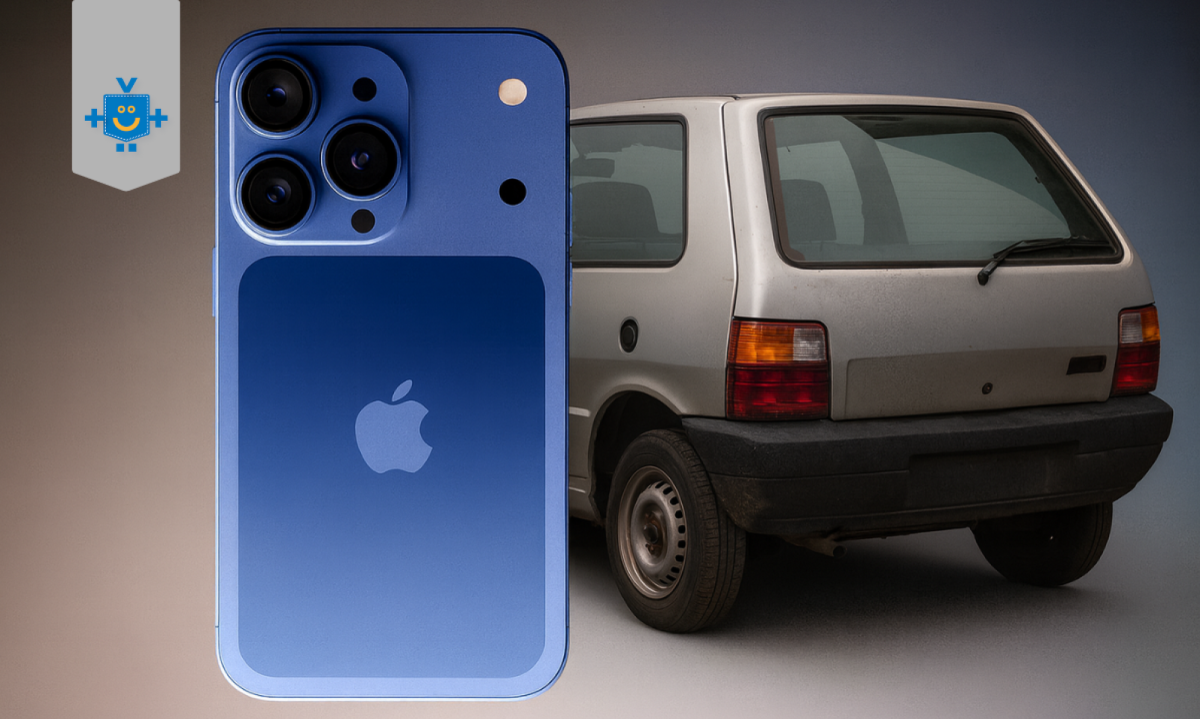 Comparação crítica entre o iPhone 17 e um Fiat Uno Mille usado, destacando que ambos podem custar praticamente o mesmo valor no Brasil.
 -  (crédito: Reprodução Educando seu Bolso)