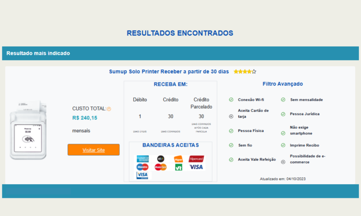 Imagem de comparação de maquininhas de cartão mostrando a SumUp Solo Printer com impressora de recibos, custo total de R$ 240,15.