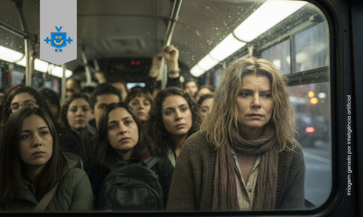 Imagem fictícia de Odete Roitman da novela Vale tudo com expressão séria e cansada, sentada à frente em um ônibus lotado.  -  (crédito: Reprodução Educando seu Bolso)