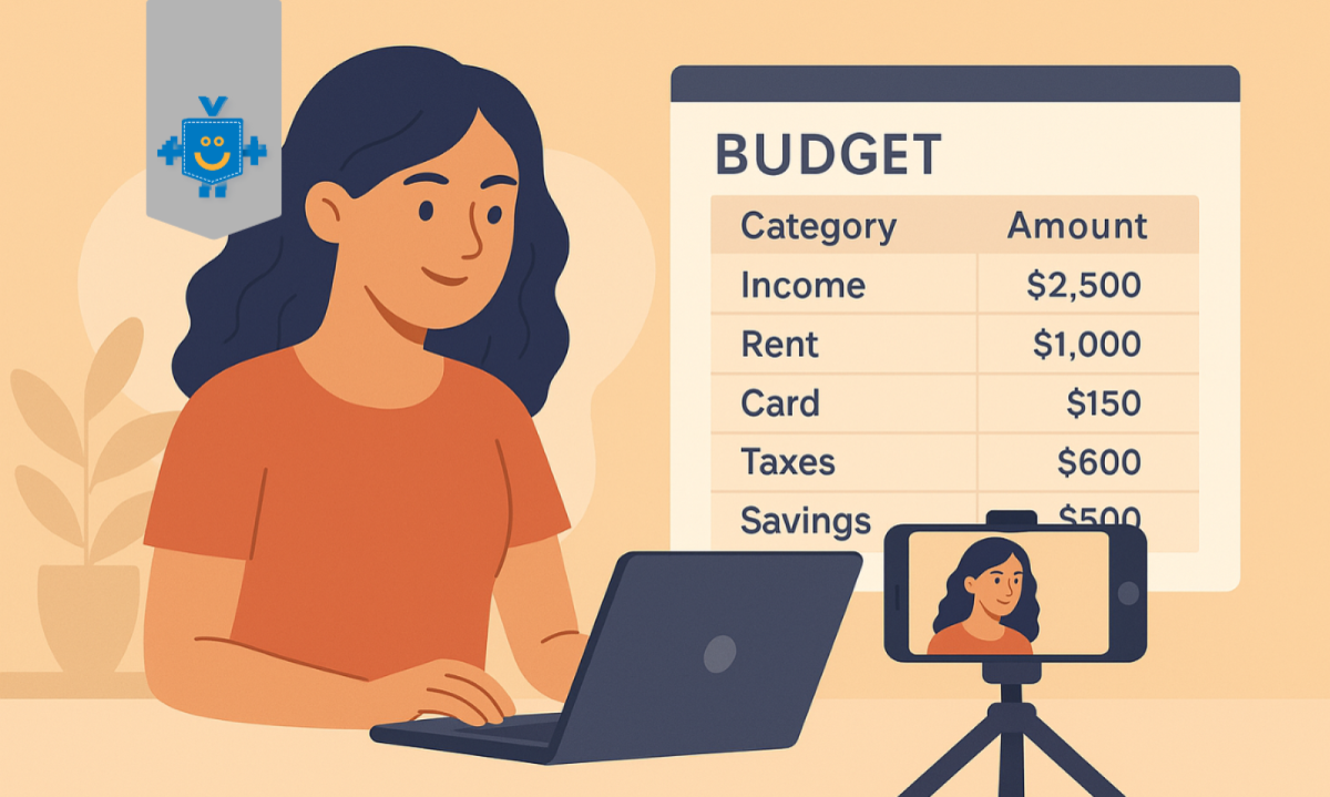 Mulher em frente ao computador organizando uma planilha de orçamento com categorias como renda, aluguel, impostos e poupança, destacando o salário como base do planejamento financeiro.  -  (crédito: Reprodução Educando Seu Bolso)