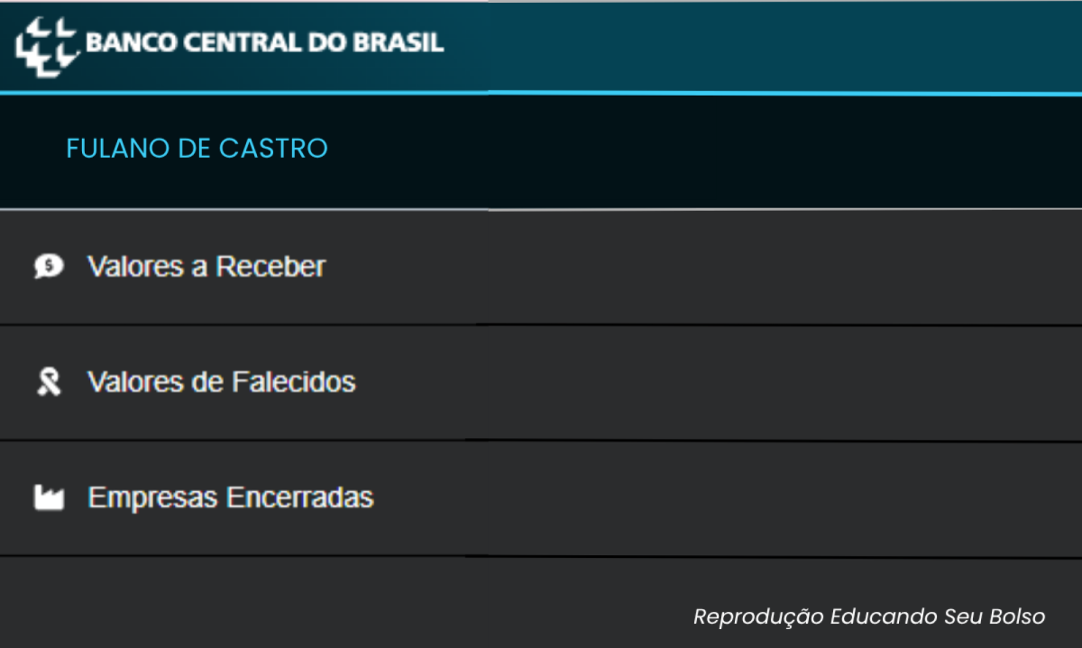 Print da plataforma Sistema de Valores a Receber, do Banco Central do Brasil, com as divisões: Valores a Receber, Valores de Falecidos, Empresas Encerradas.