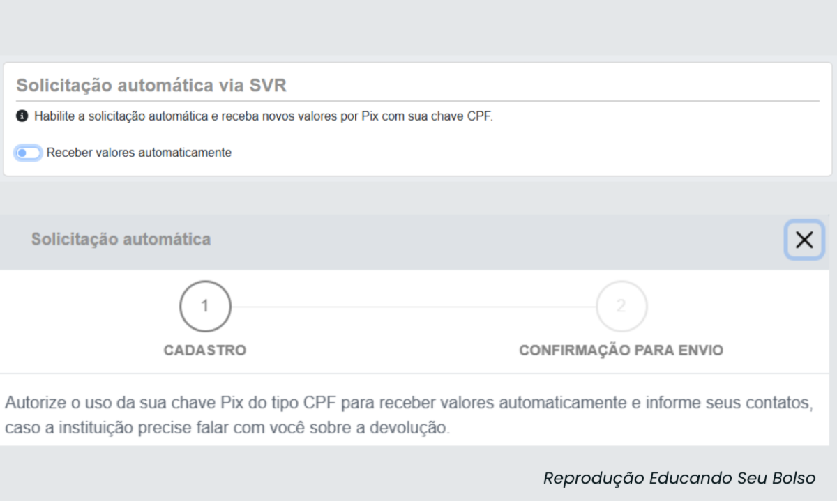 Print da plataforma Sistema de Valores a Receber com a solicitação automática e o passo a passo, sendo 1- Cadastro e 2-Confirmação para envio