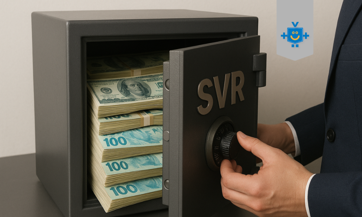 Imagem de uma pessoa abrindo um cofre com o escrito SVR. Dentro do cofre tem muitas notas de dinheiro em reais e em dólar.  -  (crédito: Reprodução Educando seu Bolso)