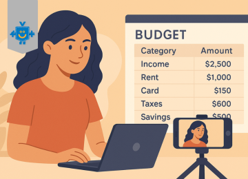 Mulher em frente ao computador organizando uma planilha de orçamento com categorias como renda, aluguel, impostos e poupança, destacando o salário como base do planejamento financeiro.  -  (crédito: Reprodução Educando Seu Bolso)
