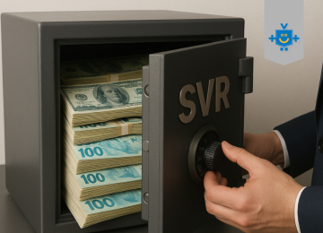 Imagem de uma pessoa abrindo um cofre com o escrito SVR. Dentro do cofre tem muitas notas de dinheiro em reais e em dólar.  -  (crédito: Reprodução Educando seu Bolso)