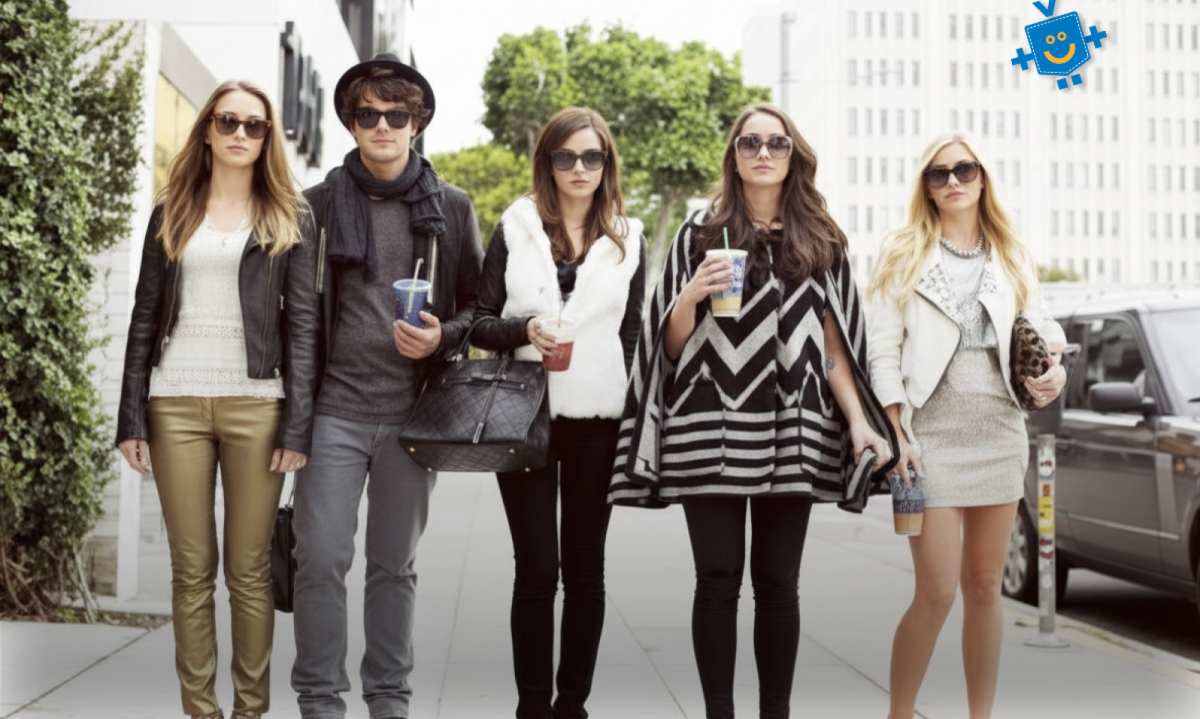 Cena do filme Bling Ring em que 5 jovens andam na rua com roupas e acessórios de luxo. 