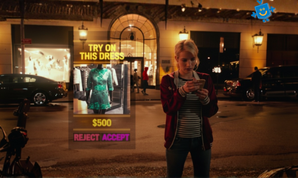 Cena do filme Nerve em que a protagonista olha no celular o desafio de experimentar um vestido em troca de 0. 