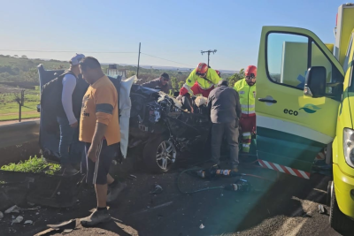Casal fica em estado grave depois de ter carro esmagado por bitrem -  (crédito: VinÃ­cius Lemos)