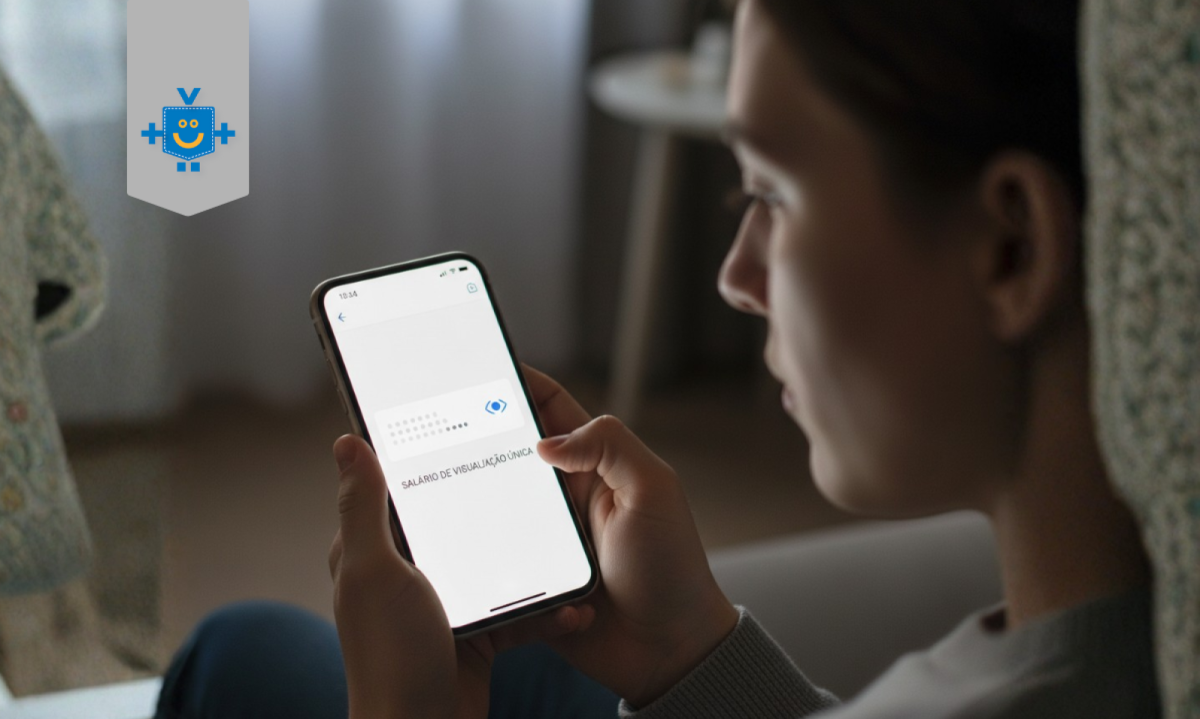 Imagem de uma pessoa, segurando um smartphone e olhando a tela do aplicativo de um banco. A tela exibe o saldo bancário oculto por pontinhos com um ícone de olho riscado simbolizando o peso dos gastos mensais no salário. -  (crédito: Reprodução Educando Seu Bolso)