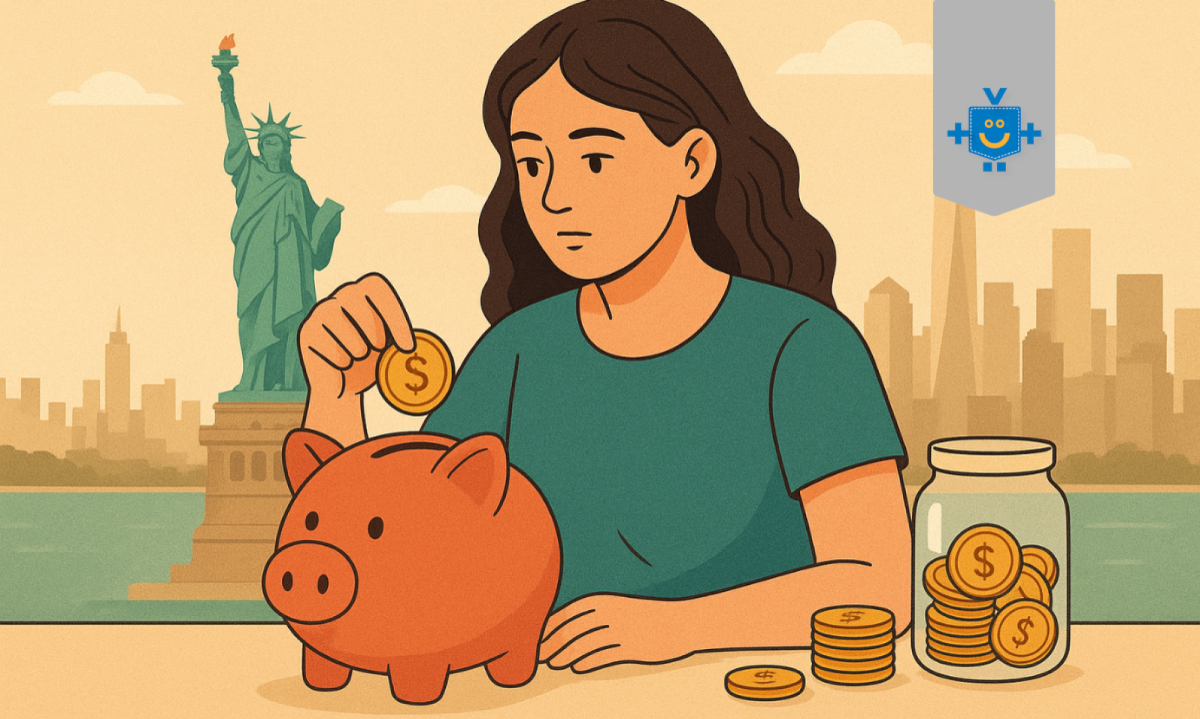 Pessoa colocando moedas em um cofrinho, com uma paisagem famosa dos Estados Unidos ao fundo, simbolizando o planejamento financeiro para um intercâmbio.
 -  (crédito: Reprodução Educando Seu Bolso )