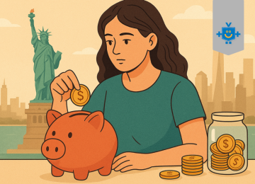 Pessoa colocando moedas em um cofrinho, com uma paisagem famosa dos Estados Unidos ao fundo, simbolizando o planejamento financeiro para um intercâmbio.
 -  (crédito: Reprodução Educando Seu Bolso )