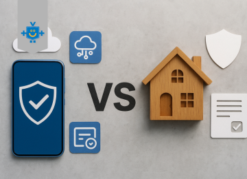 Ilustração horizontal em estilo digital mostrando a comparação entre dois tipos de seguros: tecnologia e praticidade na Vivo Pay; do outro, símbolos de seguradora tradicional na Bradesco Seguros.  -  (crédito: Reprodução Educando Seu Bolso )