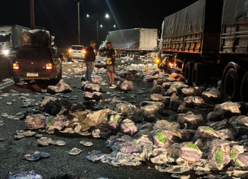 Colisão entre carretas interdita BR-381 e espalha carga na pista em Pouso Alegre -  (crédito: Redes Sociais/Reprodução)