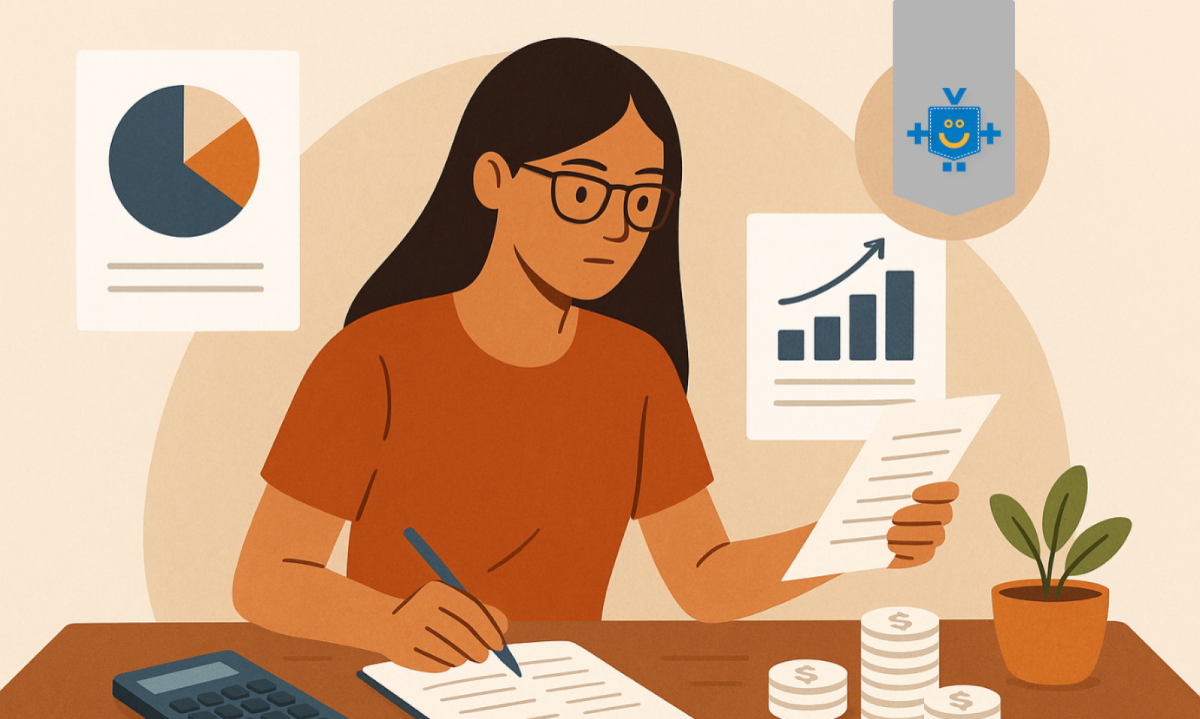 Ilustração de uma mulher jovem organizando o orçamento pessoal, analisando contas e anotando despesas fixas em uma mesa com calculadora, gráficos financeiros e moedas empilhadas. -  (crédito: Reprodução Educando seu Bolso )