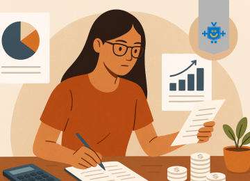Ilustração de uma mulher jovem organizando o orçamento pessoal, analisando contas e anotando despesas fixas em uma mesa com calculadora, gráficos financeiros e moedas empilhadas. -  (crédito: Reprodução Educando seu Bolso )