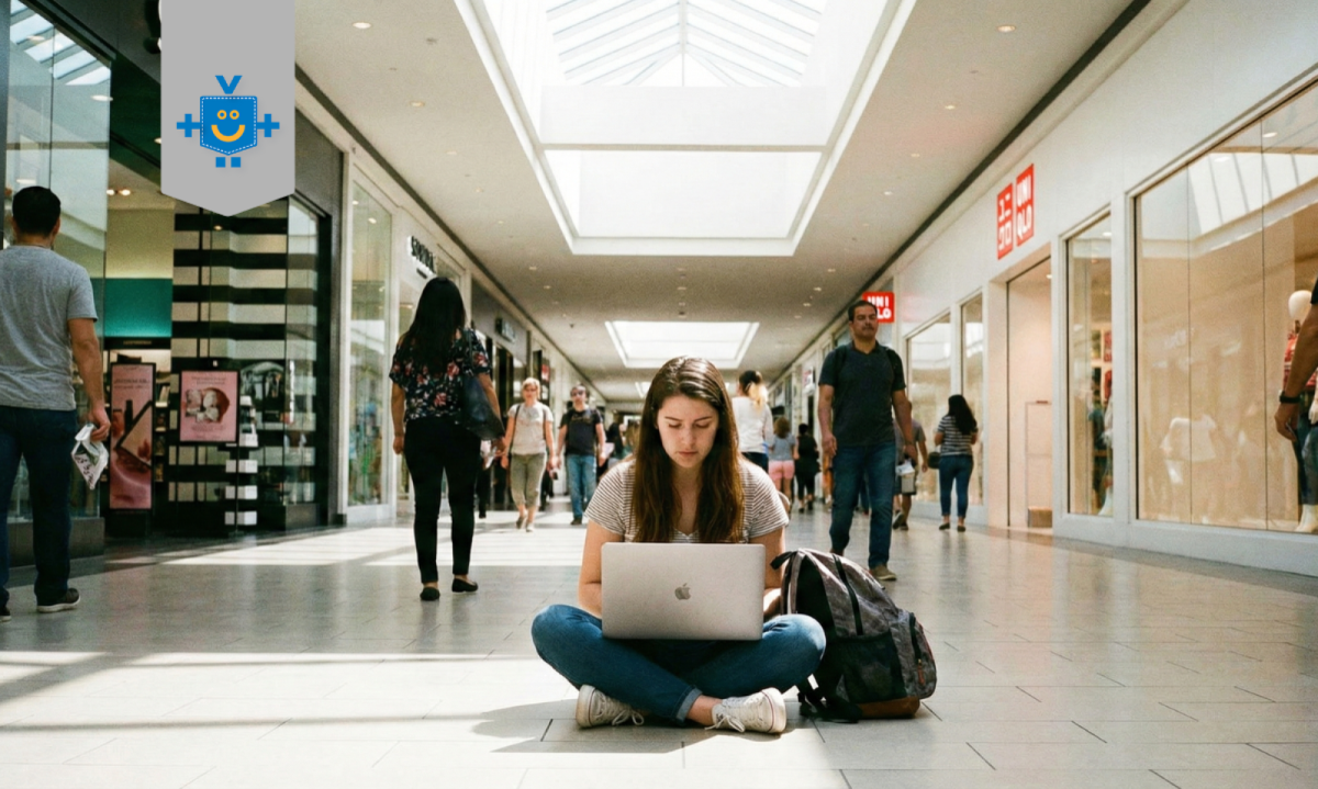 Mulher sentada no corredor do shopping usando um laptop para fazer pesquisa de preços online enquanto consumidores caminham ao redor. -  (crédito: Reprodução Educando Seu Bolso)
