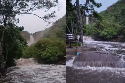 Cachoeira da Serra do Cipó (MG) transborda por causa da chuva -  (crédito: Reprodução/Redes Sociais)