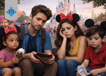 Família com duas crianças sentada em um banco em um parque temático, com expressões de preocupação. Representando dificuldades financeiras na viagem durante as férias escolares.  -  (crédito: Reprodução Educando Seu Bolso )