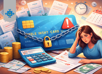 Ilustração horizontal mostra uma mulher sentada à mesa, com expressão de preocupação, cercada por contas, enquanto um cartão de crédito grande aparece bloqueado, simbolizando limite comprometido e descontrole financeiro causado por parcelamentos. -  (crédito: Reprodução Educando seu Bolso )