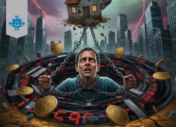 Imagem gerada por IA representando uma pessoa se afundando em um buraco de juros abusivos de empréstimo.  -  (crédito: Reprodução Educando seu Bolso)