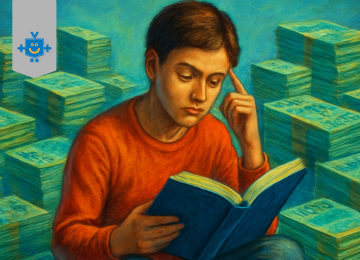 Leitor concentrado com um livro sobre finanças nas mãos, cercado por grandes montes de notas de reais ao fundo. -  (crédito: Reprodução Educando Seu Bolso )