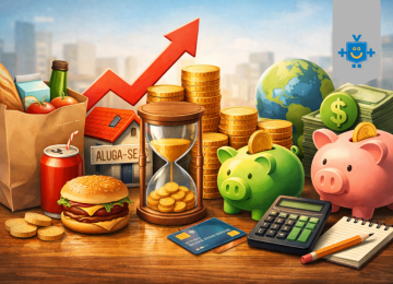 Ilustração sobre conceitos de economia no dia a dia com mercado, dinheiro, cofrinhos, calculadora, cartão e símbolos de inflação, juros e orçamento doméstico. -  (crédito: Reprodução de Educando Seu Bolso)