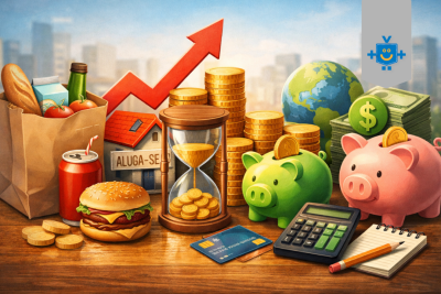 Ilustração sobre conceitos de economia no dia a dia com mercado, dinheiro, cofrinhos, calculadora, cartão e símbolos de inflação, juros e orçamento doméstico. -  (crédito: Reprodução de Educando Seu Bolso)